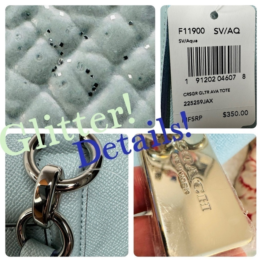 COACH AVA TOTE BAG IN GLITTER AQUA BLUE LEATHER F11900 AND F11835 WALLET SET - Picture 11 of 16